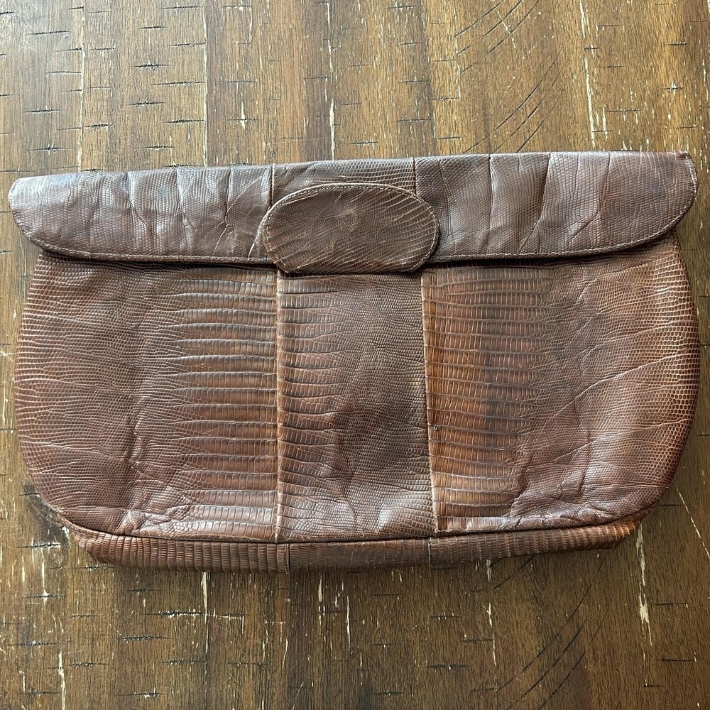 Vintage By Yvette New York Genuine Leather Lizard Skin Clutch‎ Bag Brown